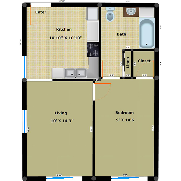 1 bedroom 1 bathroom apartment floor plan of Washington Plaza income based apartments Richmond VA