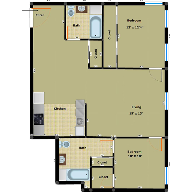 2 bedroom 2 bathroom floor plan of Washington Plaza income based apartments Richmond VA